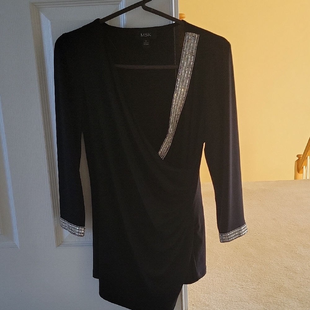 MSK Elegant Black Blouse with Silver Trim